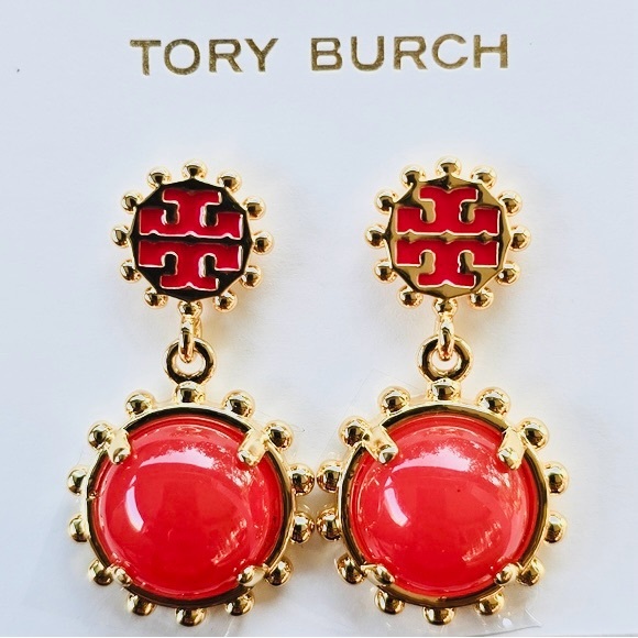 TORY BURCH WINSLOW RED + GOLD DROP EARRINGS - Picture 5 of 8